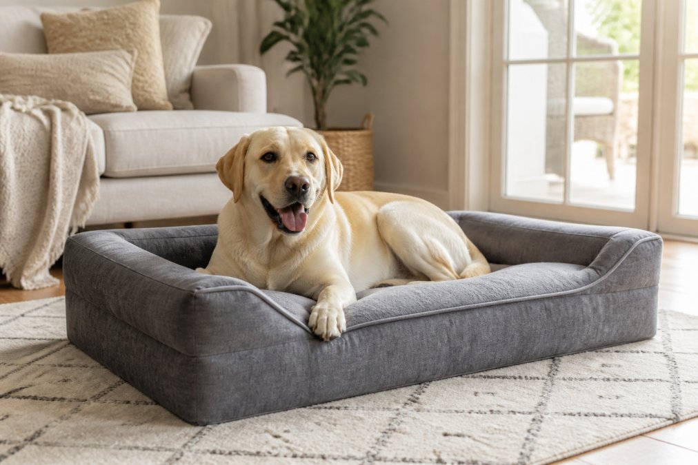 A happy yellow Labrador retriever lying comfortably on a grey orthopedic memory foam dog bed with raised bolsters in a bright, modern living room with natural light streaming through windows