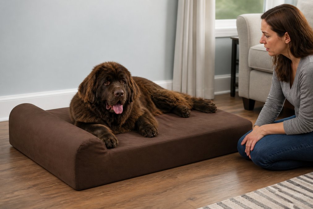Senior large dog resting on a regular bed showing stiffness in hips and joints, with owner nearby observing their pet in natural home lighting