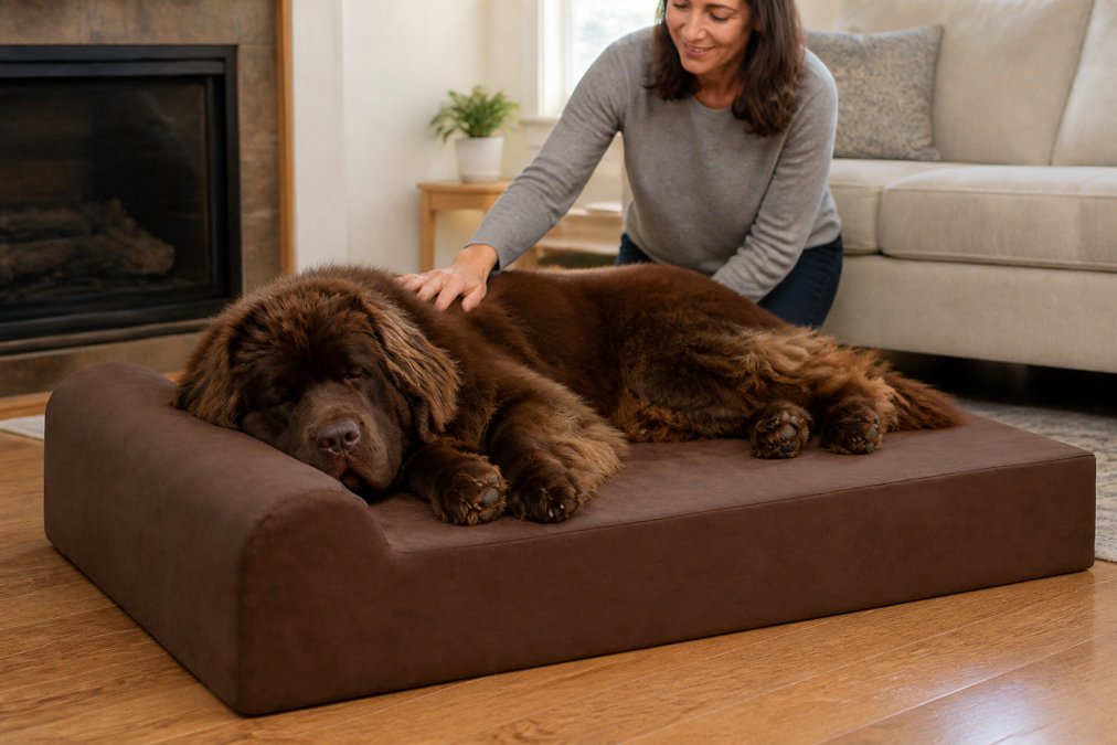 Large breed dog sleeping peacefully on a memory foam orthopedic bed with proper spine alignment and head support visible, owner's hand gently touching the dog in warm home lighting