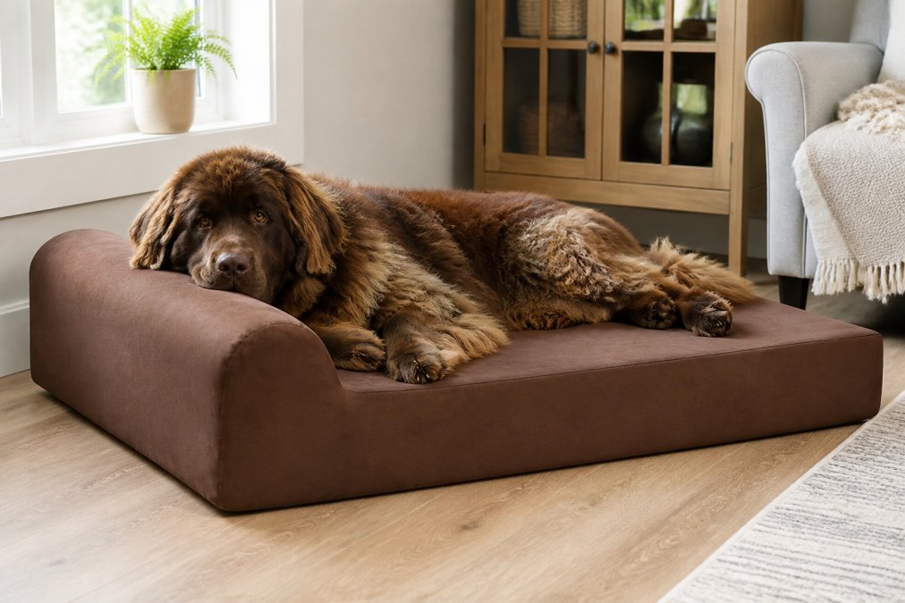 Senior large breed dog resting peacefully on a supportive orthopedic bed in a bright living room, showing relaxed posture with head on bolster support