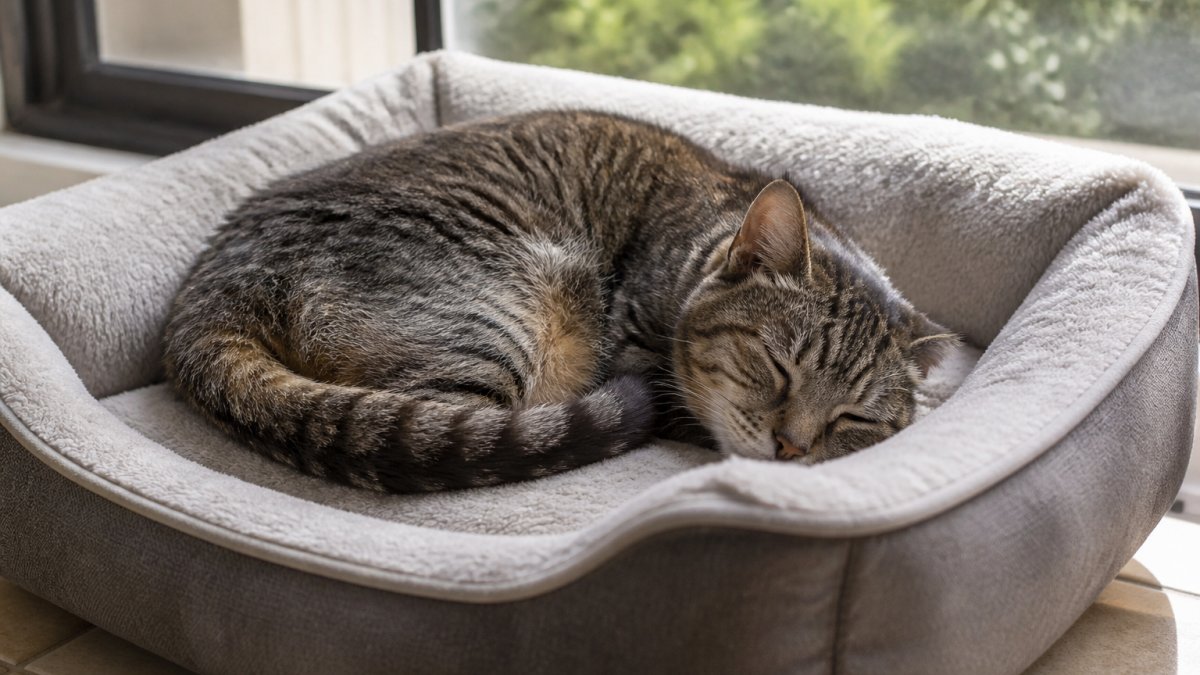 A senior tabby cat resting peacefully on a plush orthopedic bed with memory foam, curled in a comfortable position near a window with soft natural light