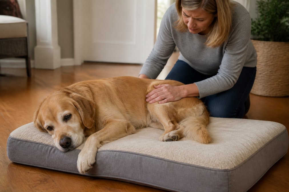 An elderly golden retriever lying on a soft dog bed on a hardwood floor, appearing stiff and reluctant to stand, with a concerned owner kneeling beside the dog and gently touching its hip, warm indoor lighting