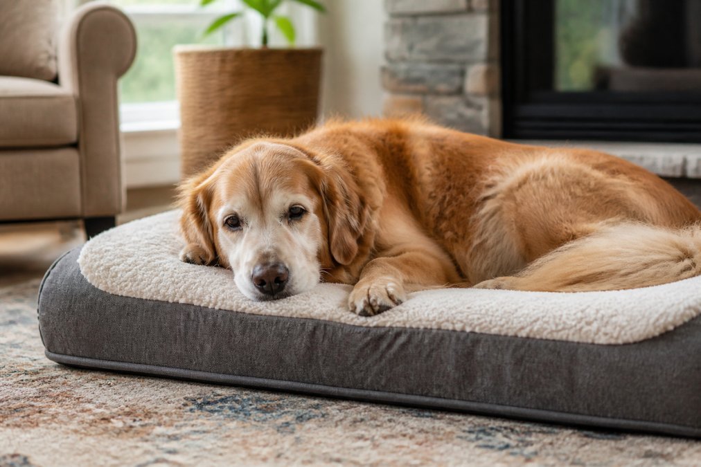 A senior golden retriever with graying fur around the muzzle resting comfortably on a thick orthopedic dog bed in a cozy, sunlit living room