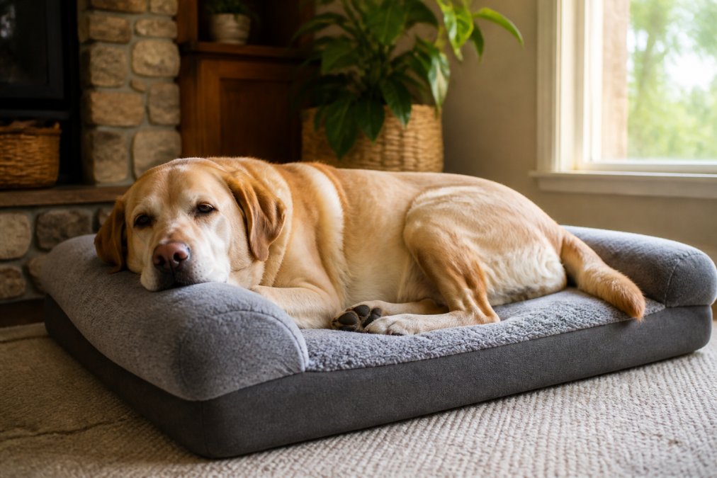 A large senior Labrador comfortably resting on a thick memory foam orthopedic dog bed with a bolster edge, in a cozy living room setting with warm afternoon light coming through a nearby window