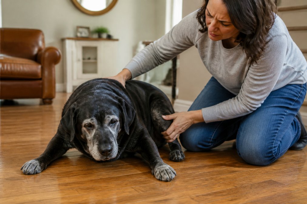 A gray-muzzled senior Labrador lying stiffly on a hardwood floor, struggling to stand up, with a concerned owner kneeling beside it in a warm, softly lit living room