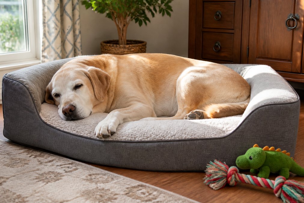 Senior dog peacefully resting on a supportive orthopedic bed with memory foam, showing comfort and relaxation with natural light streaming across the bed