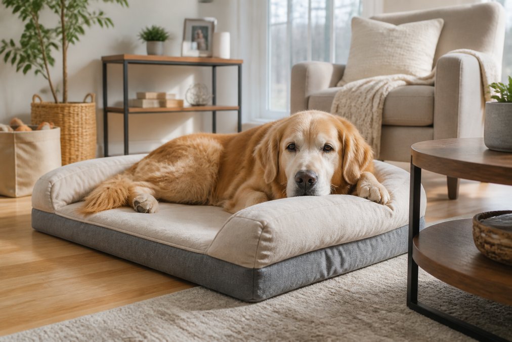 Senior golden retriever resting comfortably on a plush orthopedic bed in a bright living room