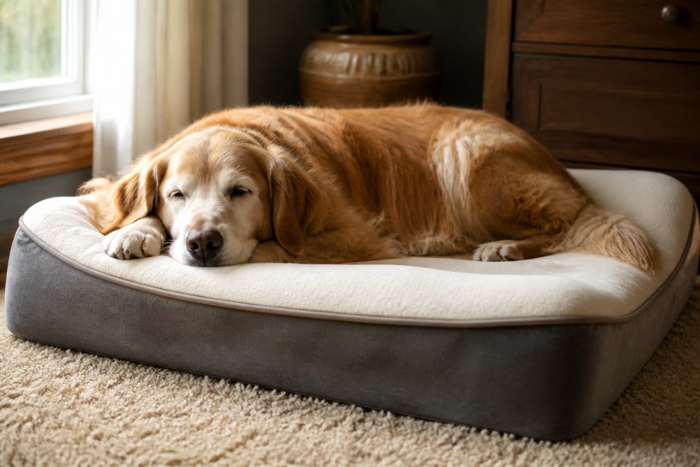 A large senior golden retriever resting comfortably on a thick memory foam orthopedic dog bed with a removable washable cover, placed in a cozy home setting with warm natural light streaming through a nearby window