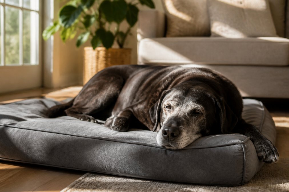 A gray-muzzled senior Labrador lying on a thick, high-density memory foam dog bed in a warm, sunlit living room, visibly relaxed with eyes half-closed