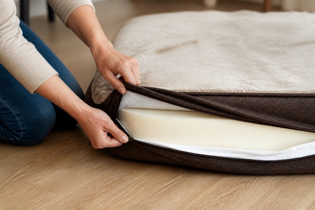 Close-up of a person's hands unzipping a removable, machine-washable cover from a thick orthopedic dog bed, revealing the dense foam layer beneath, photographed on a light hardwood floor