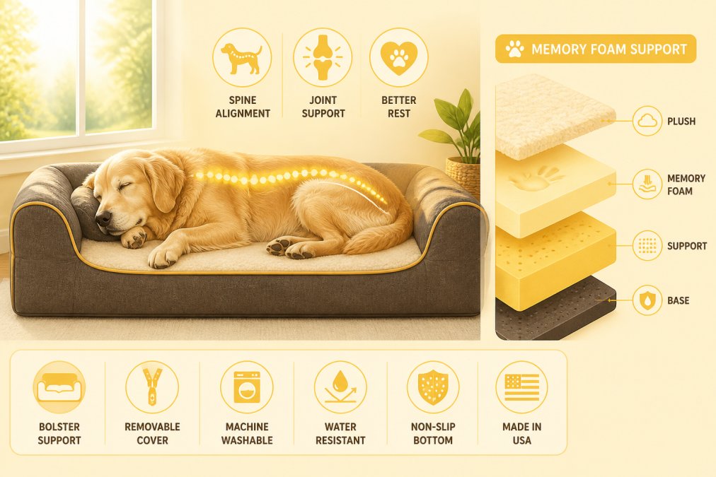 Senior golden retriever sleeping peacefully on a memory foam orthopedic bed with visible bolster support, afternoon sunlight streaming through a window showing the dog's relaxed expression and proper spine alignment