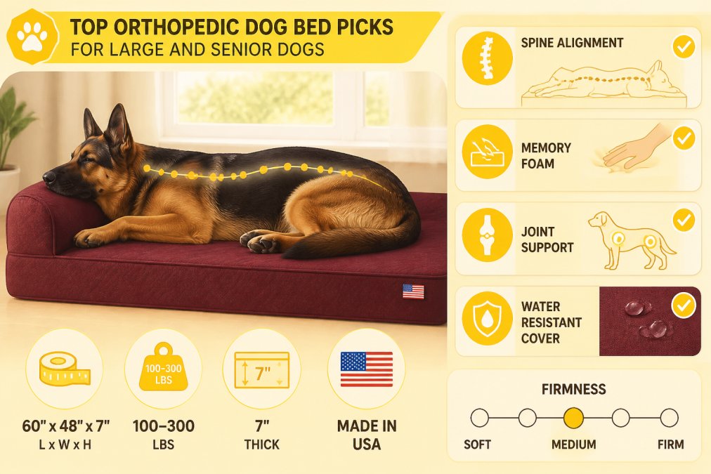 Large German Shepherd sleeping peacefully on a premium orthopedic bed with burgundy cover, showing proper spine alignment and head resting on bolster support, natural light from window