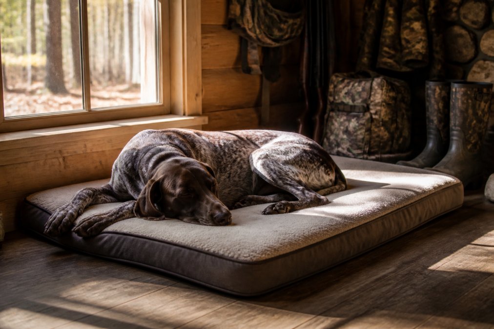 A hunting dog resting peacefully on an orthopedic bed after a long day in the field, with natural light filtering through a cabin window, showing the dog's relaxed posture and comfort
