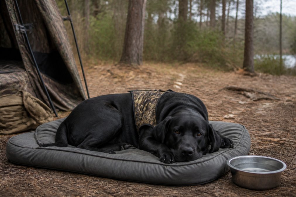 A hunter's dog resting and cooling down in camp, lying on a quality orthopedic bed with fresh water nearby in a stainless steel bowl, showing post-hunt recovery in natural outdoor lighting