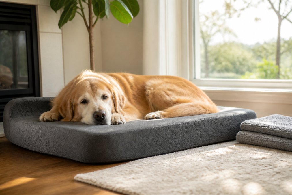 Senior golden retriever resting on a thick memory foam bed in a sunlit living room with a grey blanket nearby