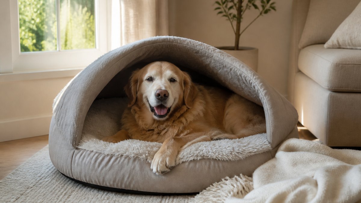 Senior golden retriever resting on a plush hooded orthopedic bed in a sunlit living room
