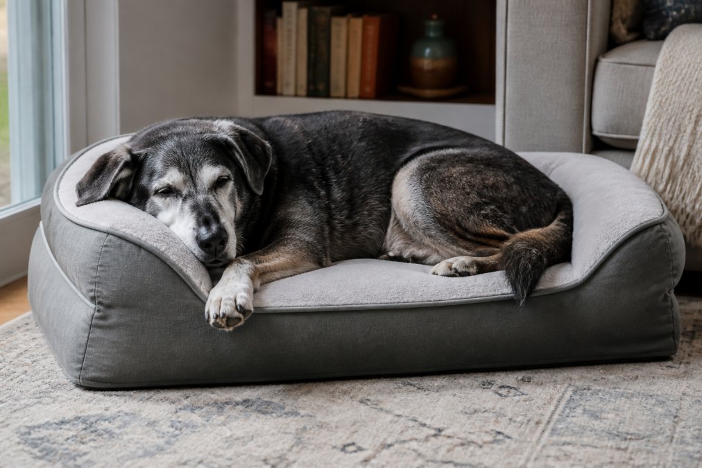 Older gray-muzzled dog resting comfortably on an orthopedic bed in a cozy home setting, showing relaxation and peace