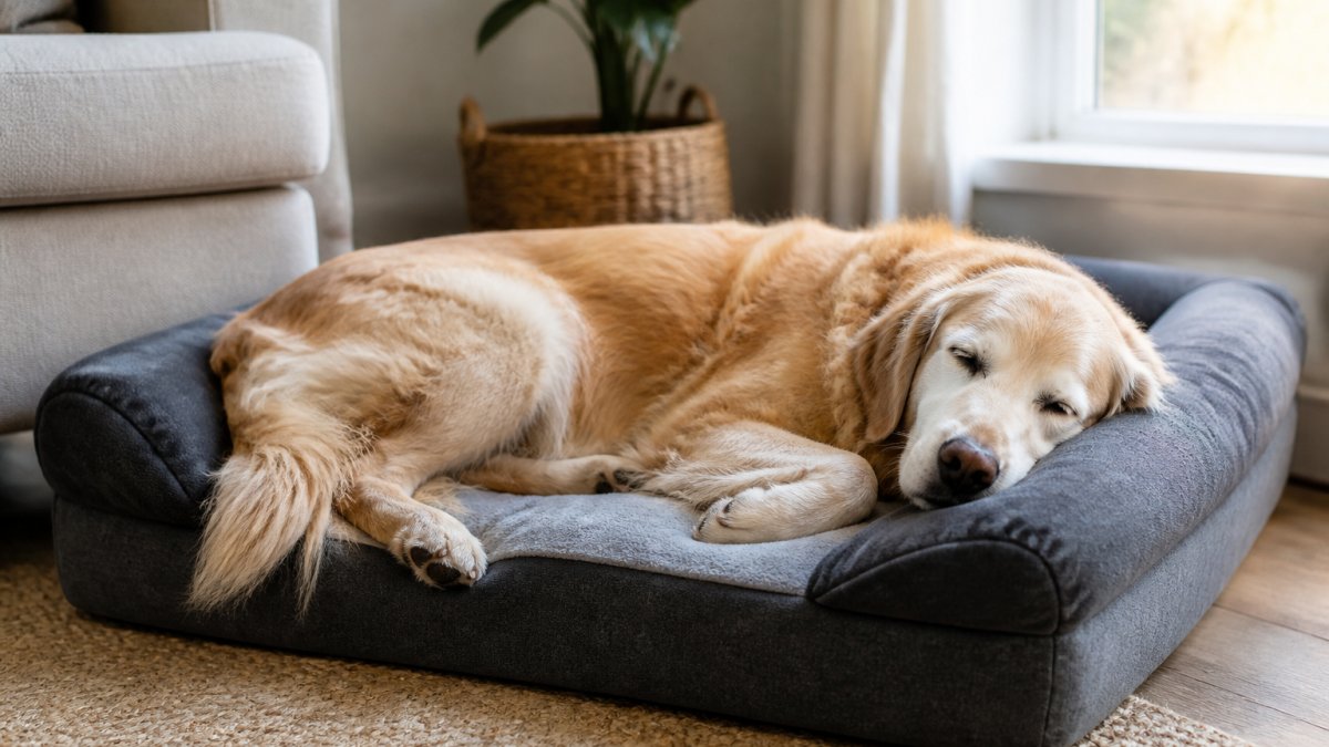 A senior golden retriever sleeping comfortably on a plush orthopedic bolster bed in a cozy living room, with soft natural light highlighting the thick foam and supportive bolsters