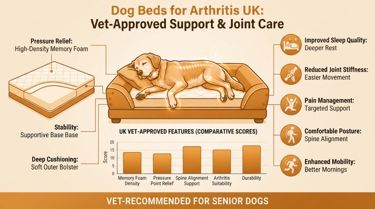 Senior dog resting peacefully on an orthopedic bed, showing visible comfort and relaxation with signs of relief in facial expression and body posture