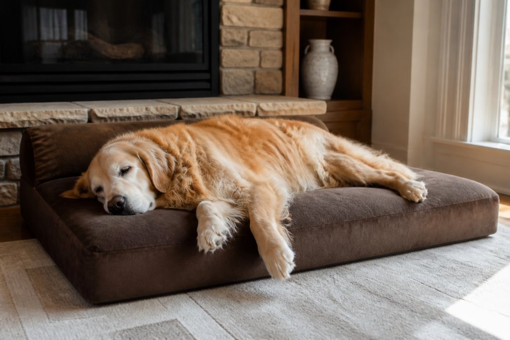 A large senior golden retriever resting fully stretched out on a thick chocolate-brown memory foam orthopedic dog bed, joints visibly relaxed, warm indoor living room setting with soft afternoon light