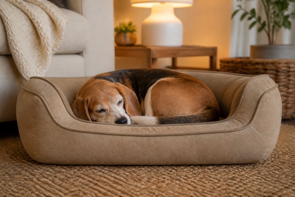 A small beagle curled up on a khaki bolster-style orthopedic sofa bed with a raised rim pillow, cozy living room with a warm lamp and soft textiles in the background