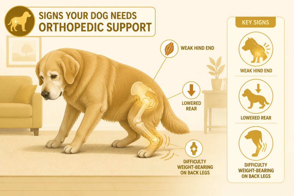 Senior dog struggling to stand on hind legs, showing visible hind-end weakness and difficulty with weight-bearing on back limbs in a home setting
