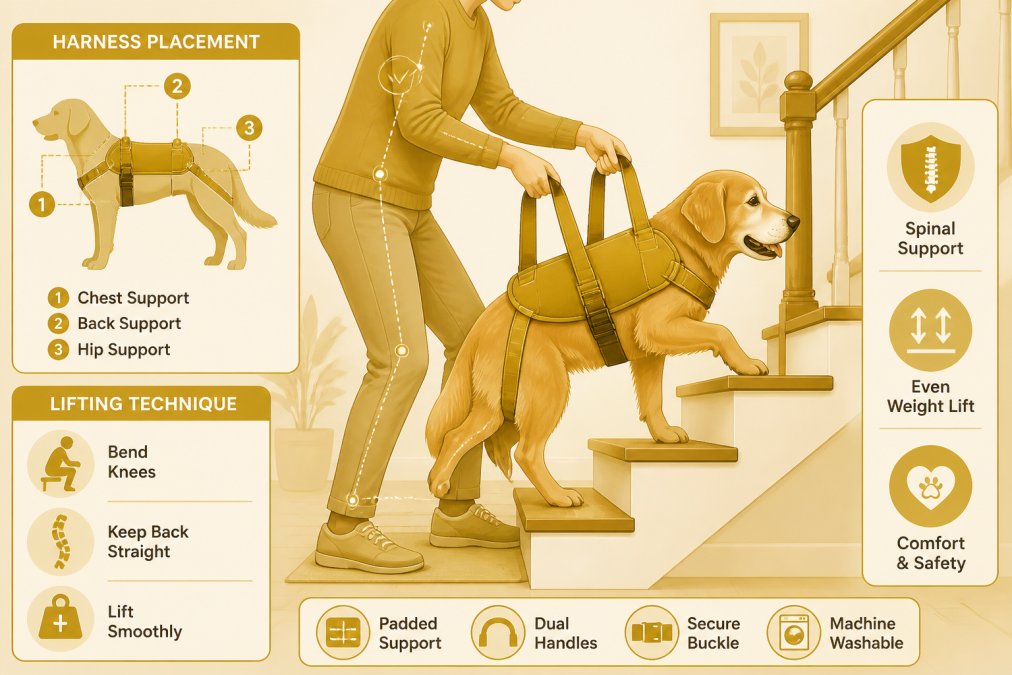 Owner using a padded harness to assist an aging dog up stairs, showing proper lifting technique and harness placement for spinal support in a home staircase setting