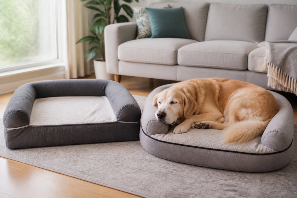 Senior golden retriever sleeping peacefully on a plush orthopedic pet bed in a bright, cozy living room with natural light streaming through windows