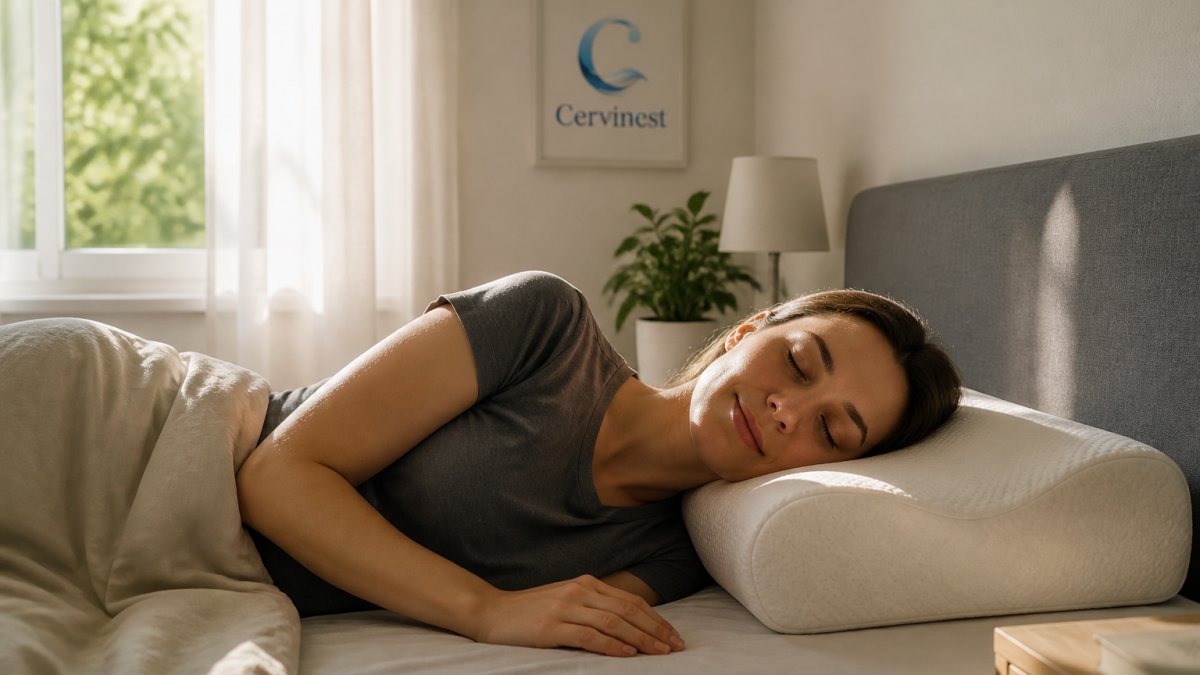 Person sleeping on their side with proper cervical support, head and neck in neutral alignment with the spine, natural morning light filtering through bedroom window