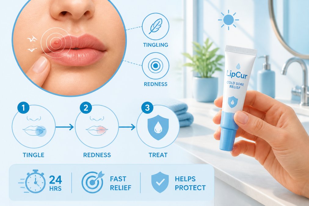 Close-up of a person's lip showing early redness and tingling sensation, with a hand holding a cold sore treatment product on a bathroom counter with natural morning lighting