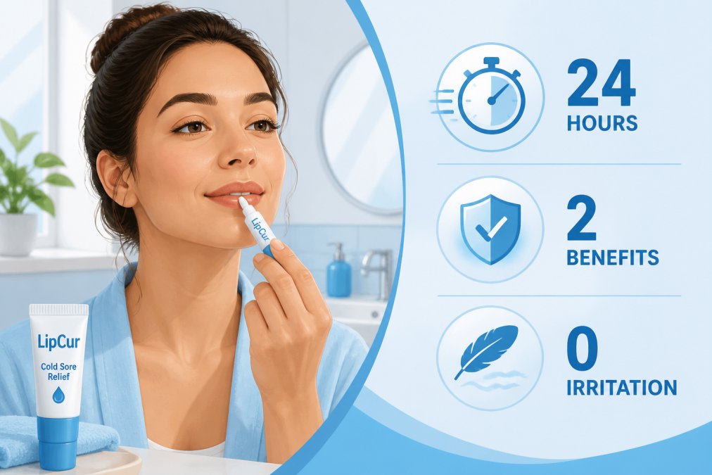 Confident professional applying LipCur cold sore relief to their lip with natural morning lighting in a bathroom, showing comfort and relief on their face