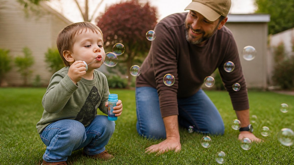 Toddler in a long-sleeve tee blowing soap bubbles on a sunny backyard lawn while a parent kneels nearby watching