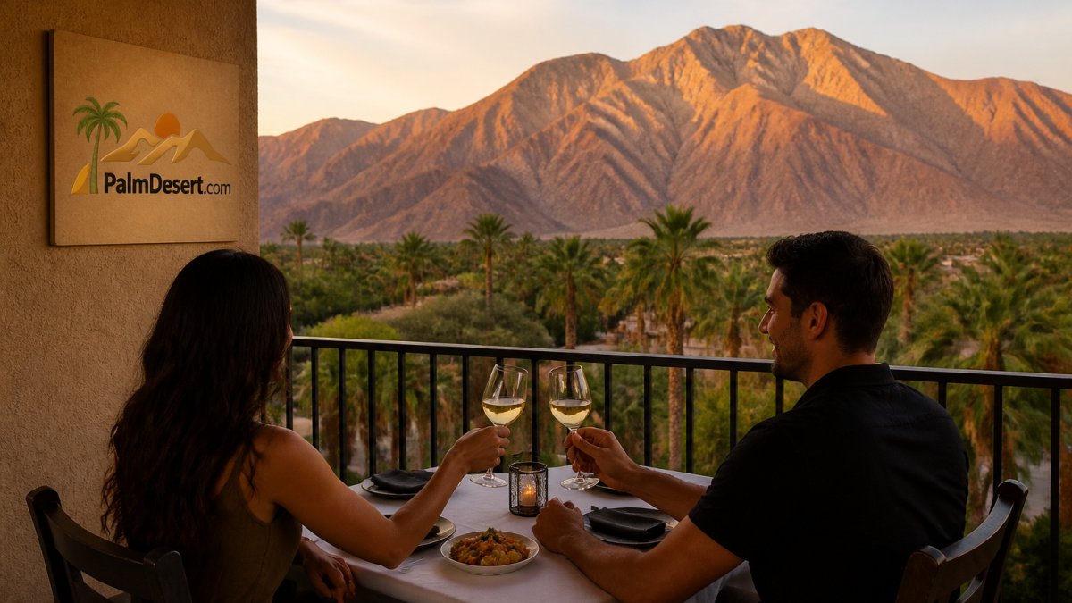 A couple enjoying dinner at an outdoor patio table with mountain views and desert landscape in the background at sunset, golden light illuminating the San Jacinto Mountains