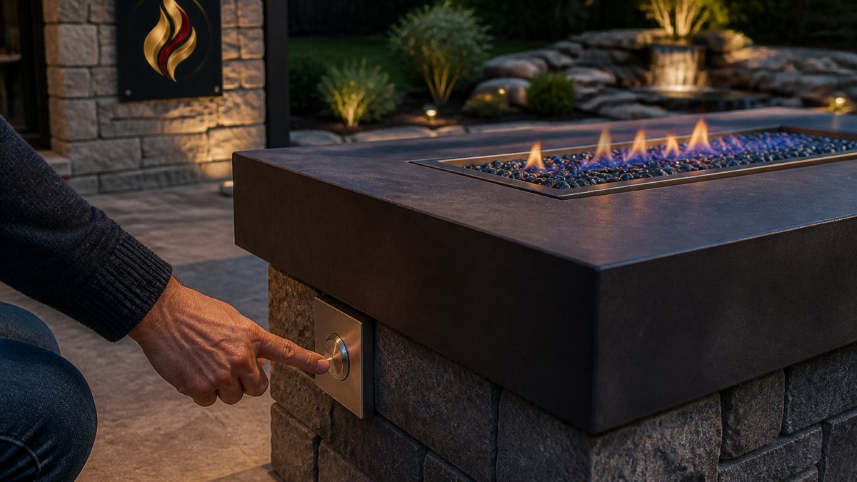 Close-up of a homeowner's hand pressing a stainless steel ignition button on a modern linear gas fire table on a stone patio at dusk, with a low blue flame just catching