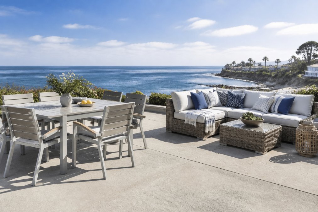 A beautifully arranged coastal patio with powder-coated aluminum dining furniture and wicker sectional seating overlooking ocean views, showing durable pieces withstanding salt air and bright sunlight