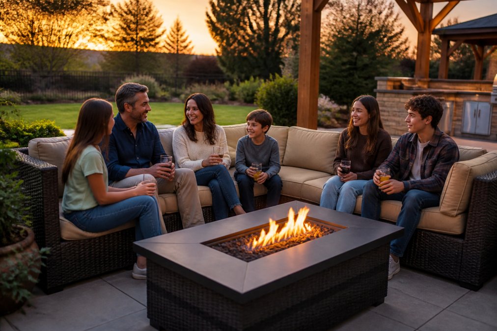 Family of six seated on a brown wicker sectional sofa with beige cushions in a backyard setting, with guests holding drinks and conversing comfortably during an evening gathering, natural sunset lighting
