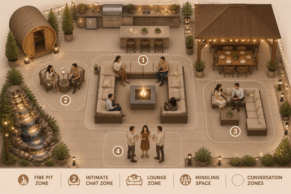 Overhead view of a patio with arranged seating clusters around a fire pit table, showing multiple conversation zones with guests mingling across different furniture groupings, warm evening lighting