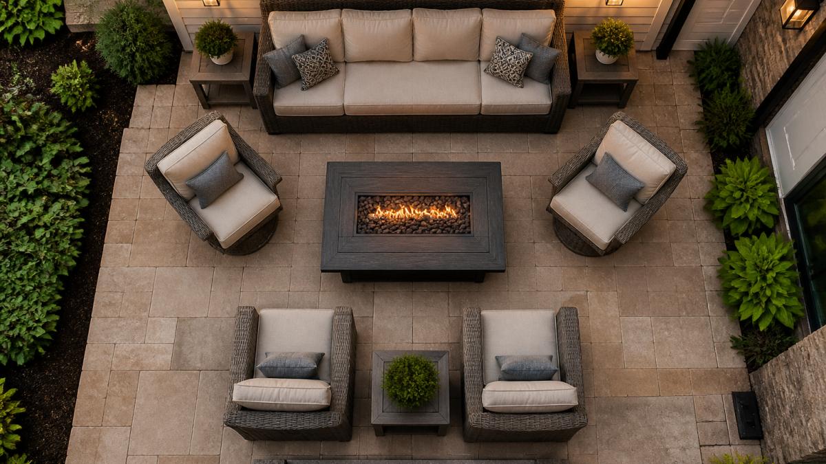 Diagram showing an efficient 7-piece wicker furniture layout for small patio spaces with clear walkways.