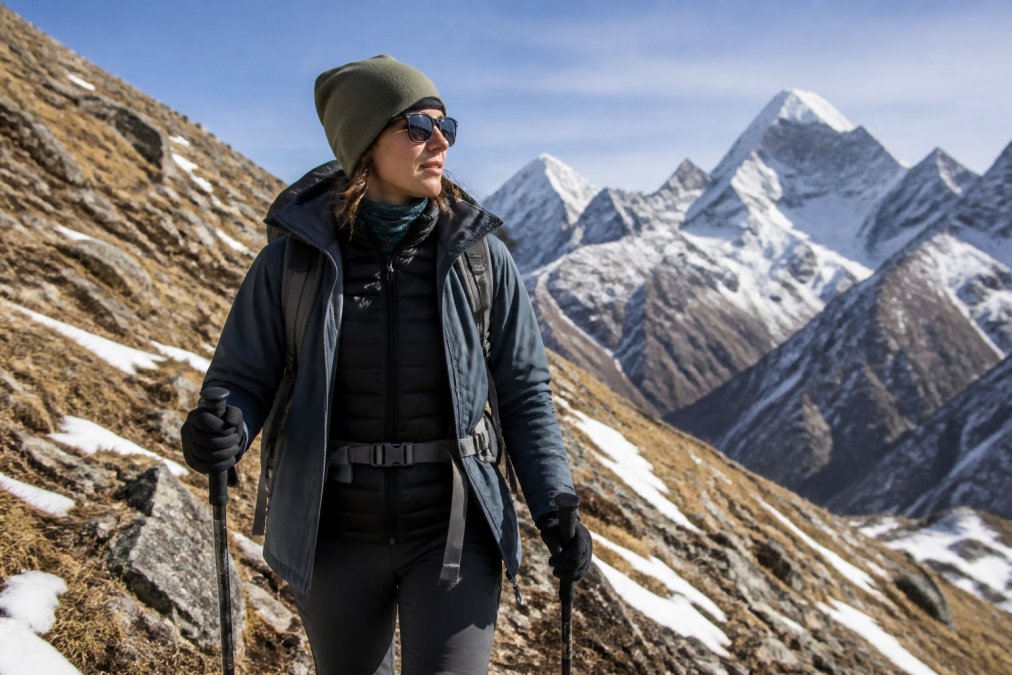 Hiker wearing layered high-altitude gear on steep mountain slope with snow patches visible, demonstrating proper base layer, mid-layer, and hardshell outer jacket system in action at elevation