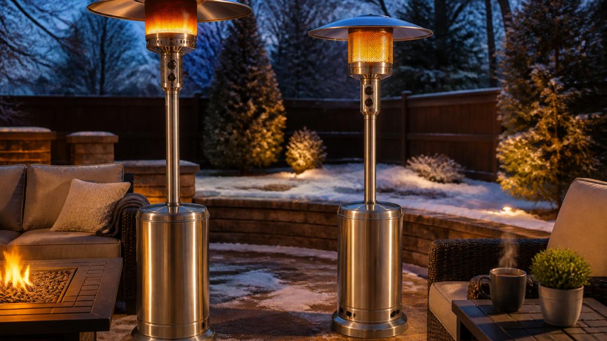 Infographic comparing performance and heating range of outdoor heaters for cold climates