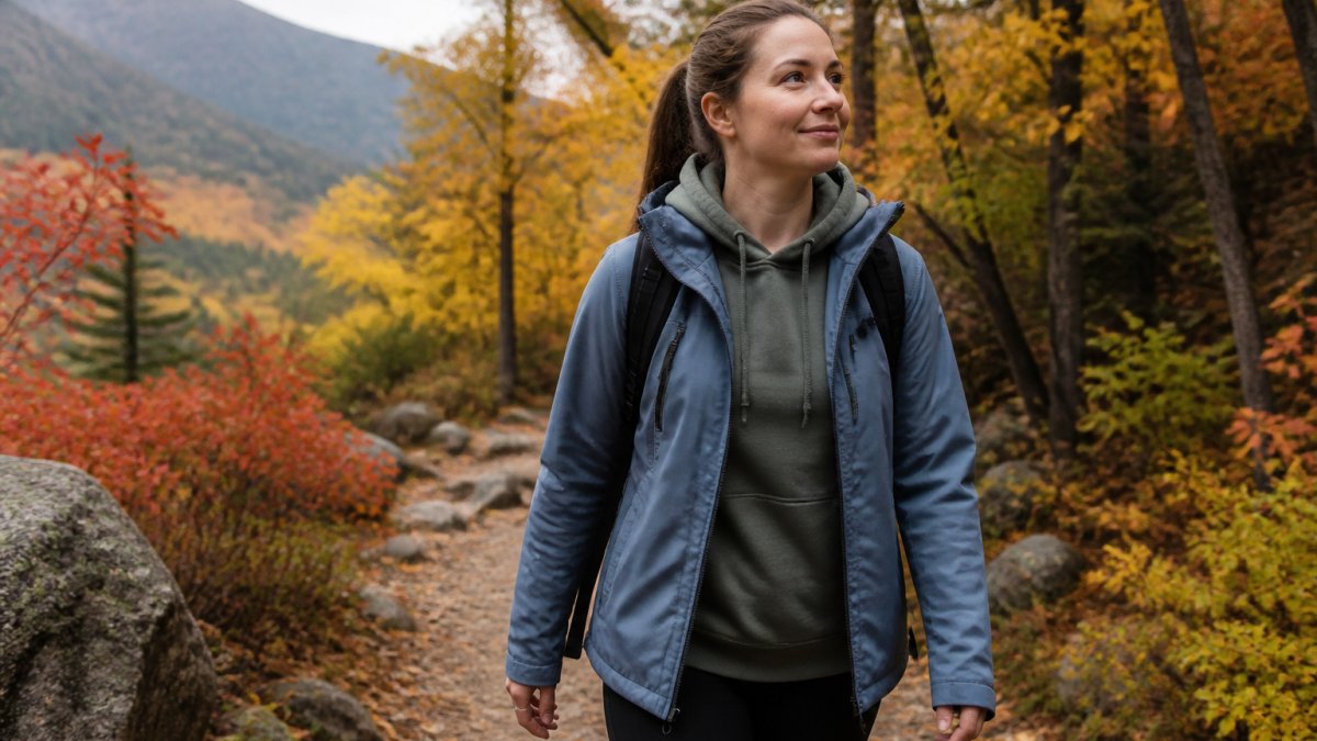 Hiker wearing a midweight hoodie as a mid-layer under a lightweight jacket on a fall trail surrounded by golden and red autumn foliage, demonstrating proper layering for temperature transitions