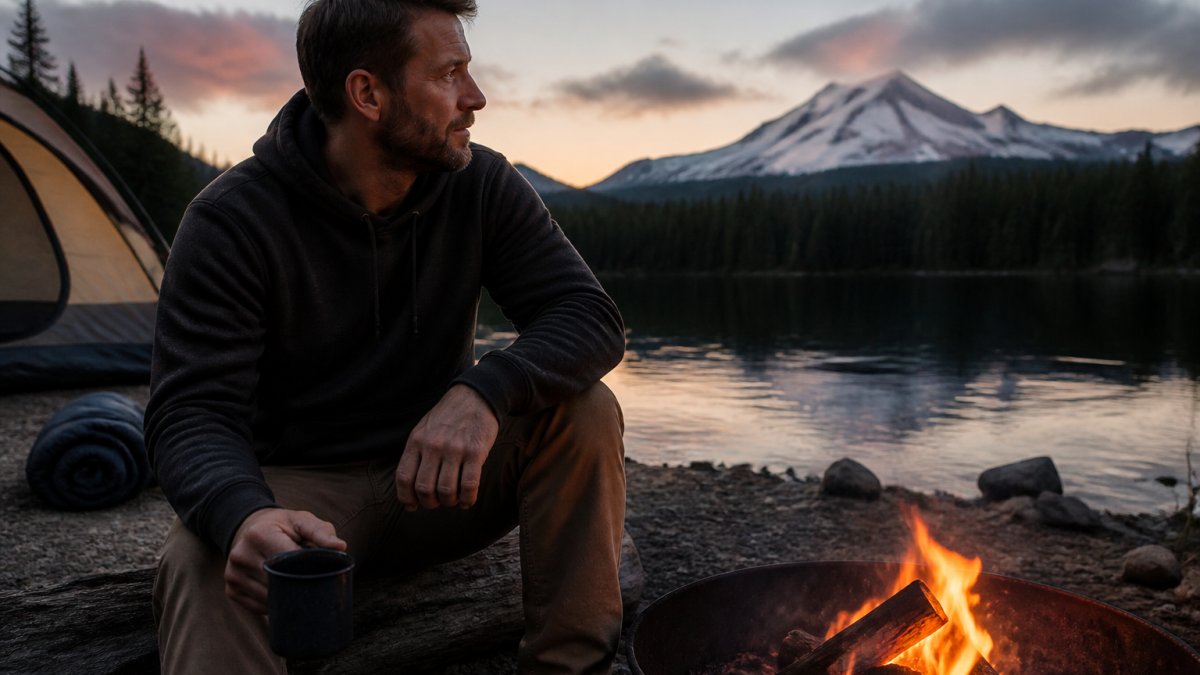 Man wearing a dark hoodie sitting by a campfire at dusk with mountains in the background, relaxed and comfortable