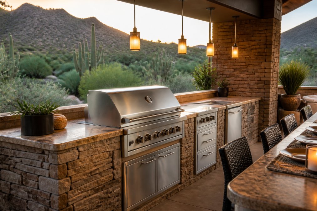 A beautifully finished outdoor kitchen with a large stainless steel built-in grill set into stone countertops, pendant lighting glowing overhead, and desert landscaping visible in the warm late-afternoon sun