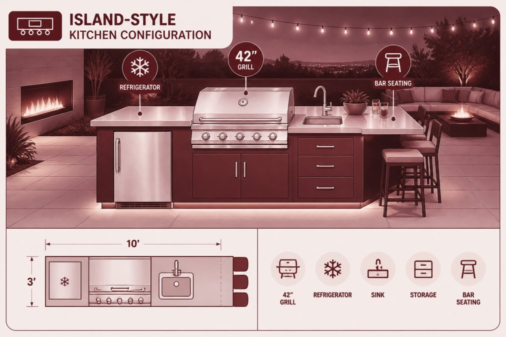 A luxury outdoor island kitchen with a built-in 42-inch grill as the centerpiece, stainless steel countertops, integrated refrigerator, and bar seating on one side, set in an evening patio with warm ambient lighting and lounge furniture visible in the background
