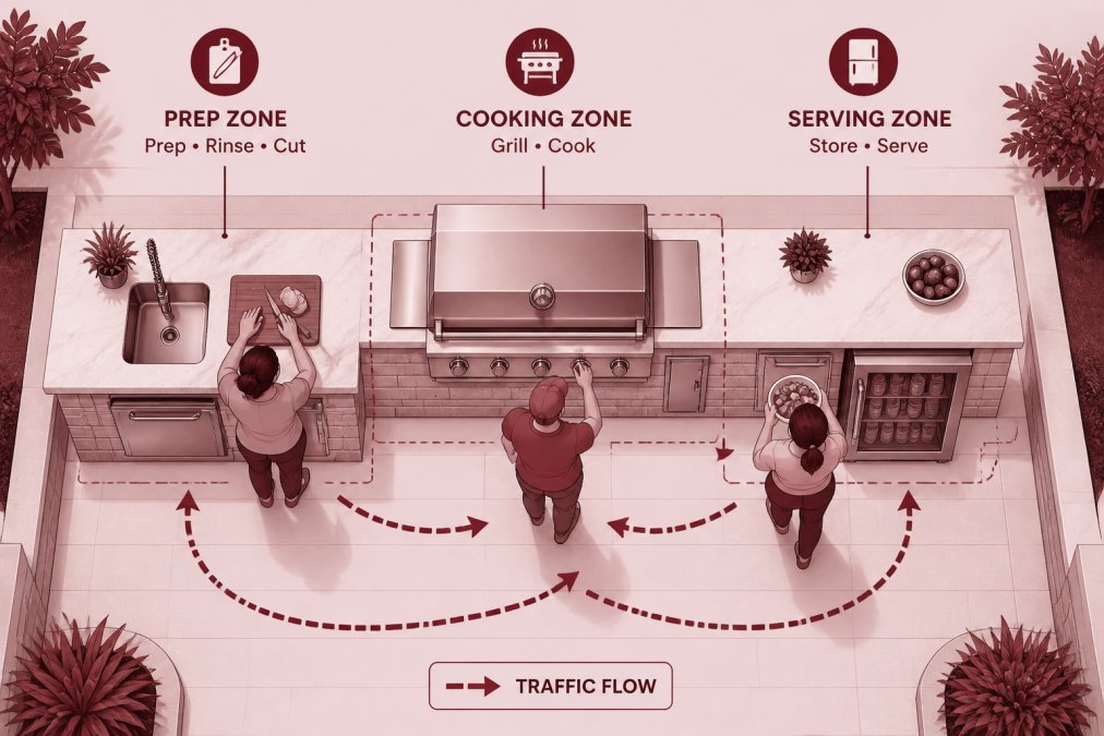 Overhead view of a well-organized outdoor kitchen showing the prep station with sink and cutting board on the left, the cooking zone with grill in the center, and the serving area with refrigerator and counter space on the right, with clear traffic flow patterns marked by the movement of people around each zone