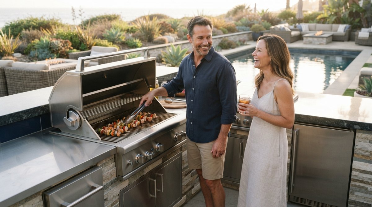 Professional-grade stainless steel grill and countertop surface in outdoor kitchen with polished finish catching natural sunlight, coastal backyard setting