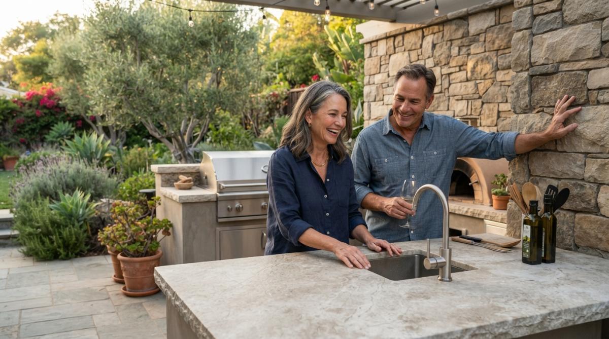 Outdoor kitchen featuring textured leathered marble countertops and stone accent wall with warm natural lighting, coastal garden setting with Mediterranean plantings