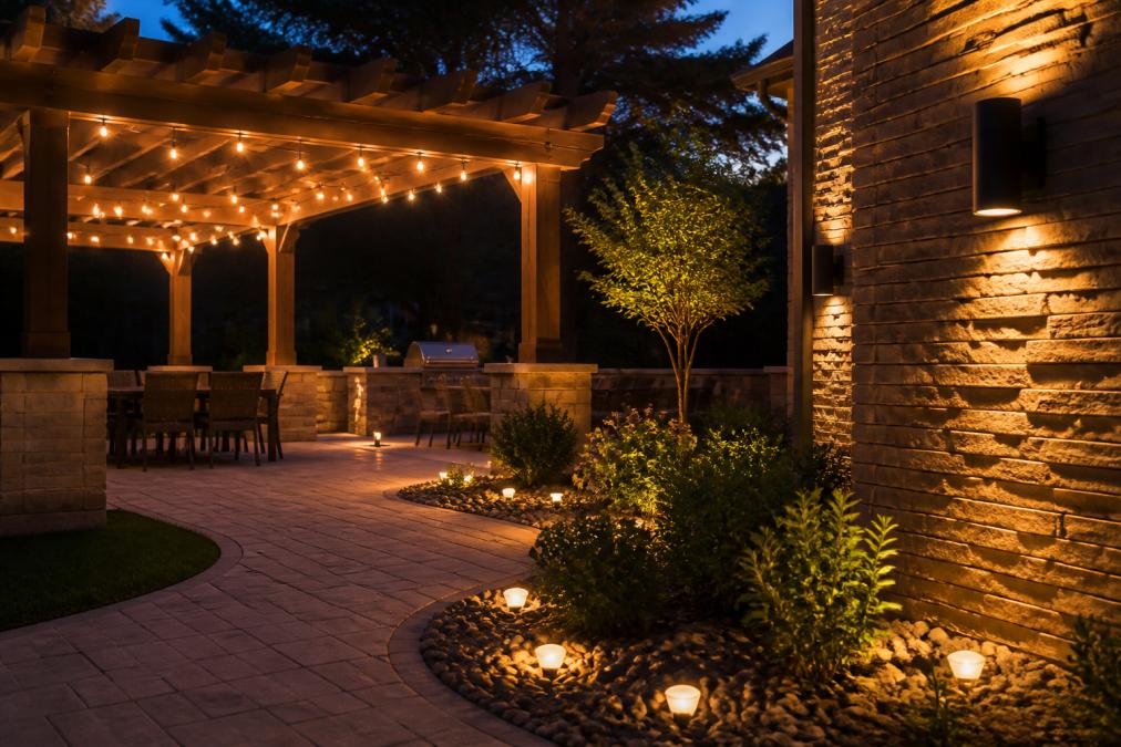 Warmly lit patio at dusk featuring string lights, solar pebbles, and wall sconces as outdoor lighting alternatives.