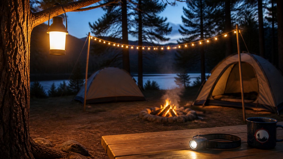 Infographic illustrating the best outdoor lighting for camping setups with layered lanterns, string lights, and headlamps.