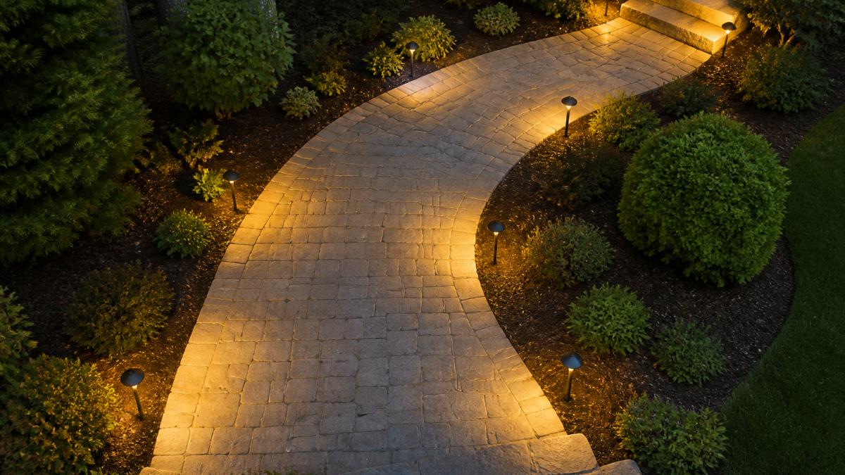 Overhead diagram of a curved garden path showing staggered fixture placement, 12- to 18-inch setback from the path edge, beam overlap between adjacent pools of light, and extra fixtures at a step run and a 90-degree turn